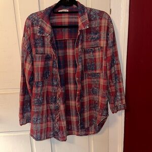 Plaid flannel button down red white and blue